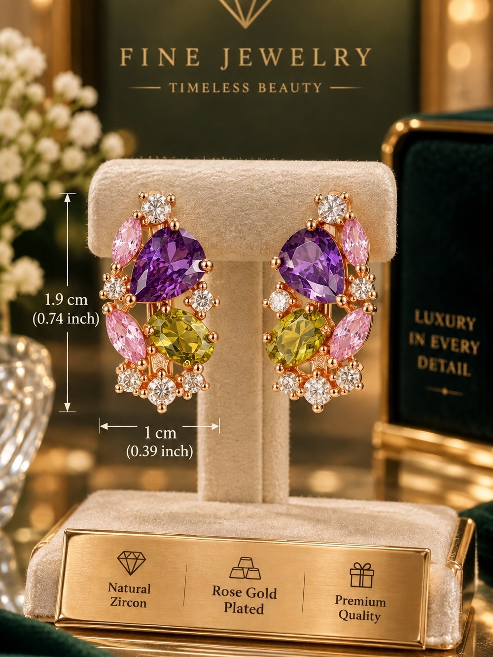 Gold-Tone Multi-Gem Teardrop Earrings in Purple, Pink & Green - Picture 4 of 4